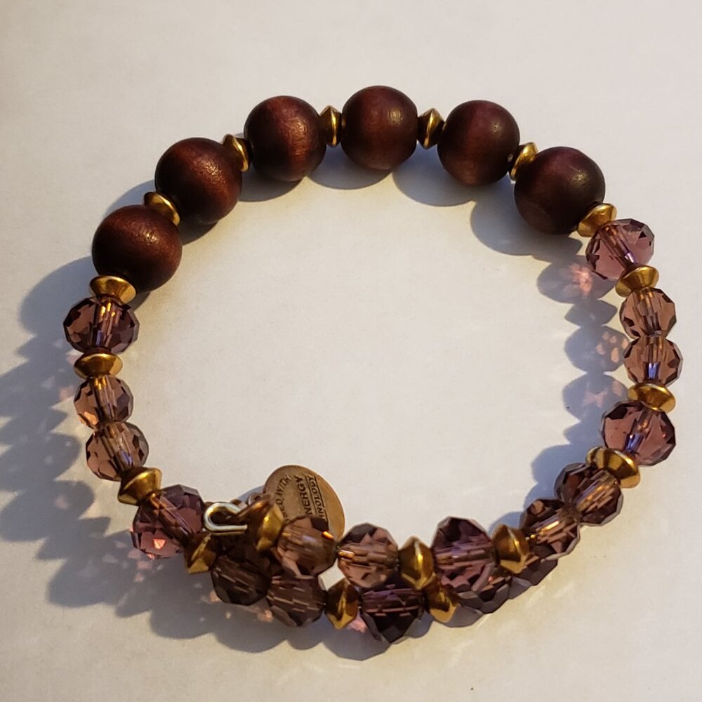Alex and Ani Beaded Wood Beads & Pinkish Purple Beaded Wrap Gold Vintage     82